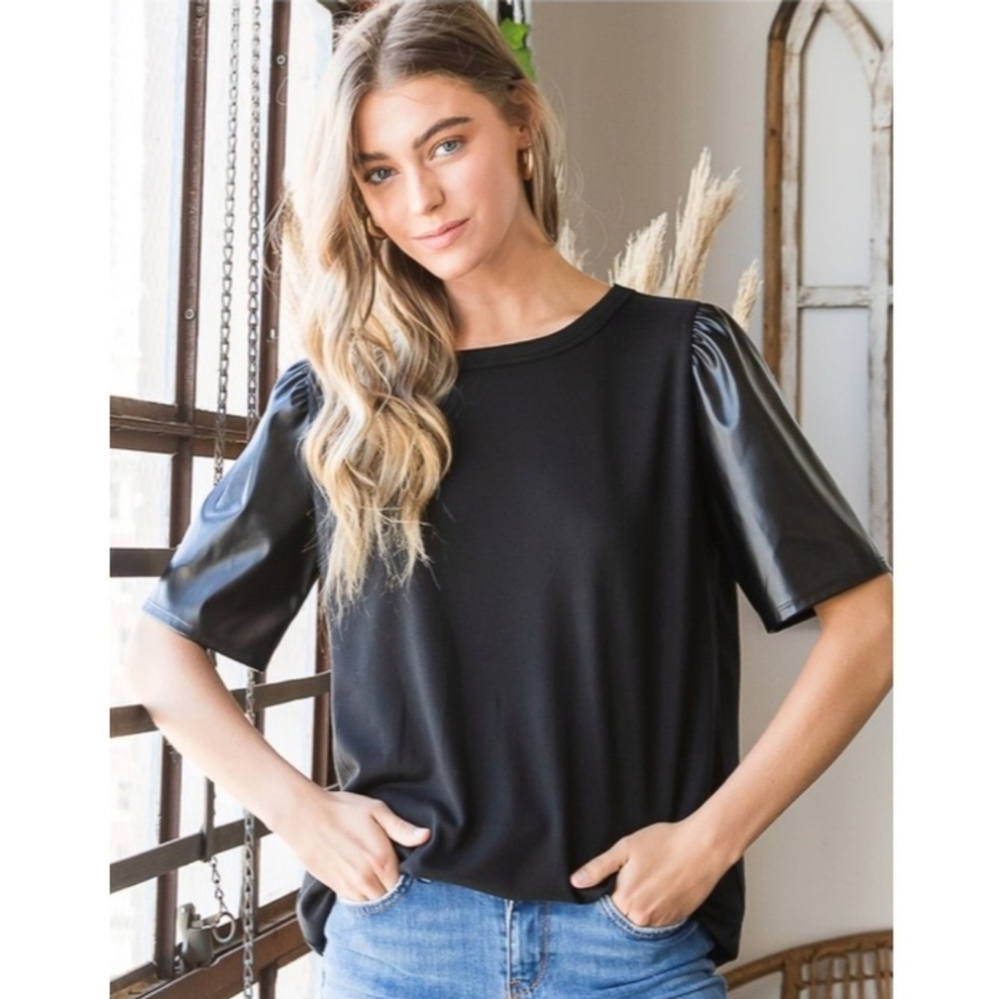 Hemish Black Faux Leather Sleeve Top